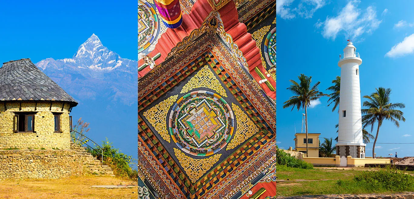 Fra venstre: fjellandskap i Nepal med Machapuchare, takkunst fra et kloster i Bhutan, og fyrtårn ved kysten av Galle i Sri Lanka.